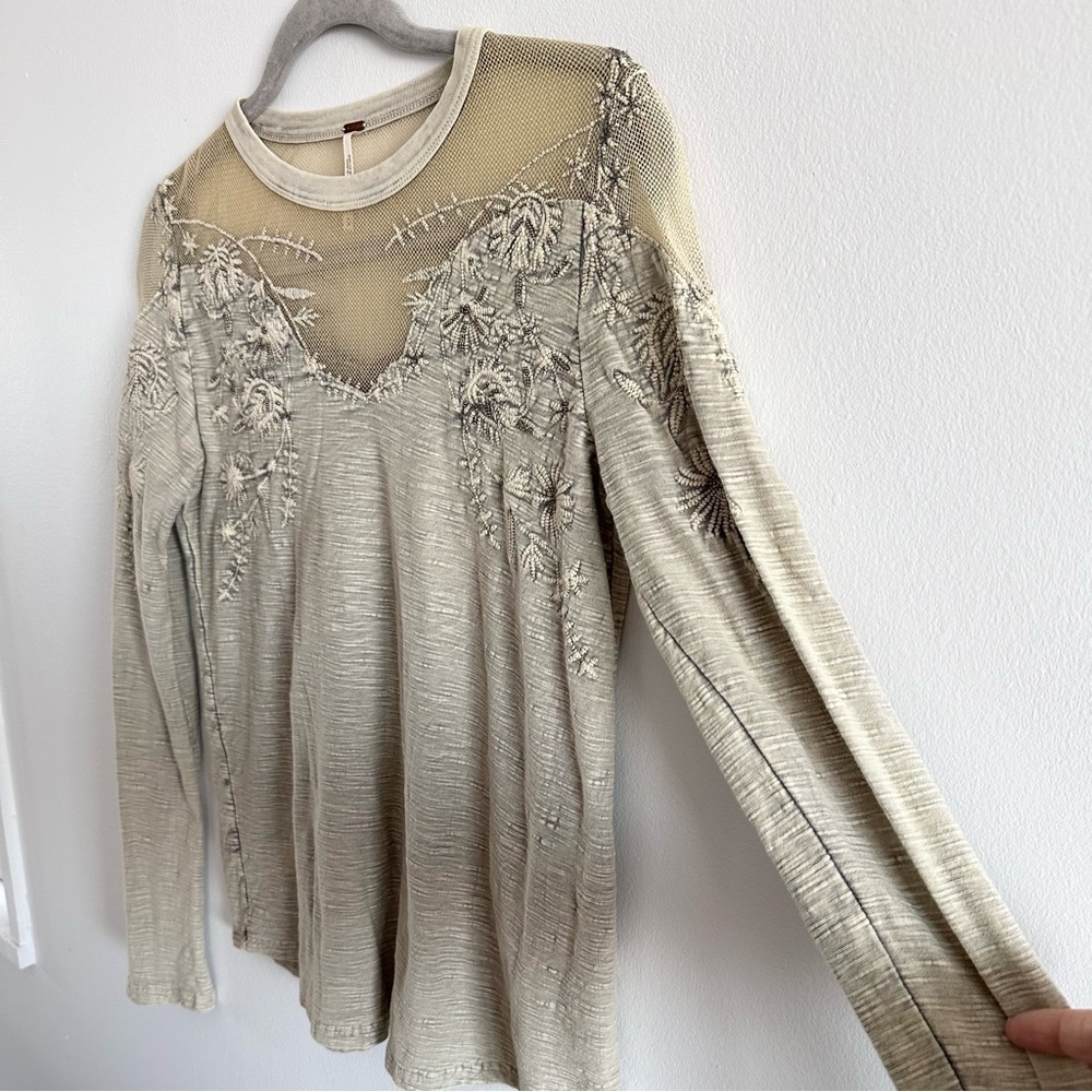 Free People Micha embroidered mesh beaded long sleeve tee gray combo - Picture 5 of 8